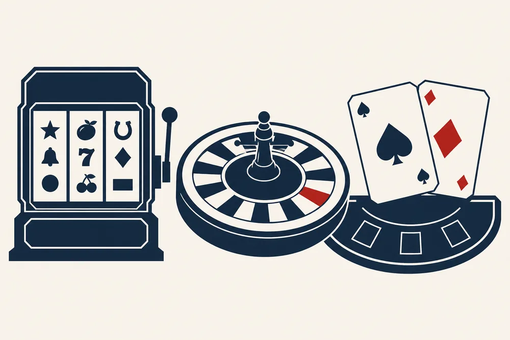 Ilustración de una máquina tragamonedas, una rueda de ruleta y dos cartas junto a una mesa de casino en vivo.
