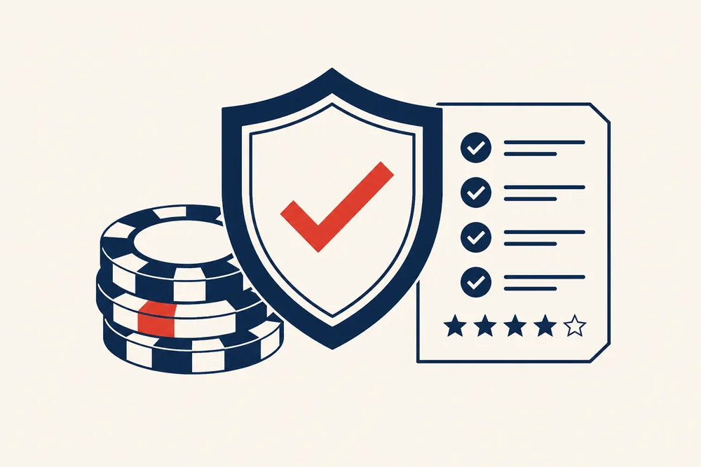 Ilustración de un escudo con tilde de verificación, fichas de casino y una lista de criterios revisados.