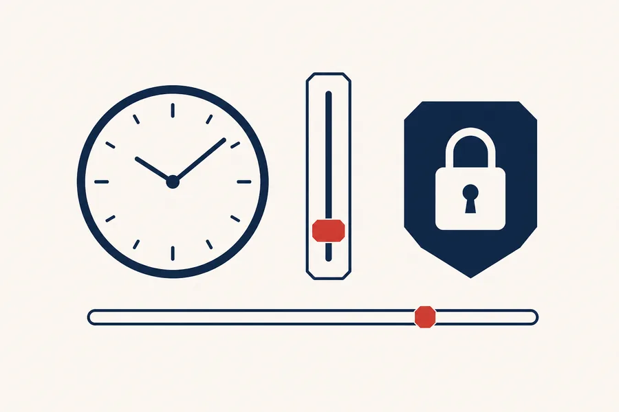 Ilustración de un reloj, un control de límite y un candado dentro de un escudo, con una barra de presupuesto marcada.